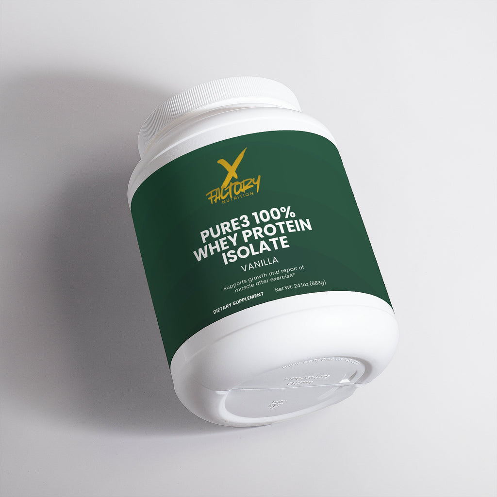 Pure3 100% Whey Protein Isolate The Purest Form Of Whey To Support Muscle Mass Growth, Muscle Recovery and Metabolic Rate and Curb Hunger. Available In Chocolate & Vanilla