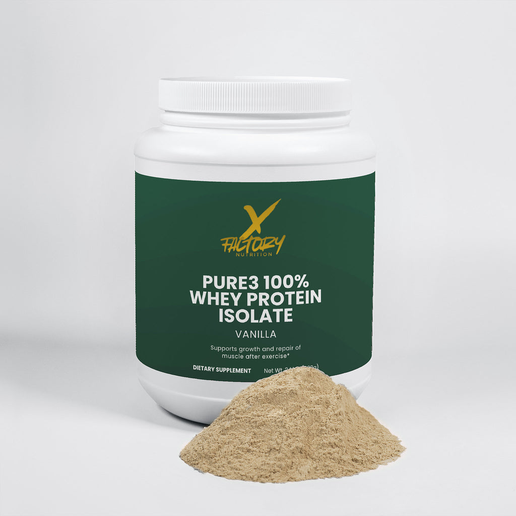 Pure3 100% Whey Protein Isolate The Purest Form Of Whey To Support Muscle Mass Growth, Muscle Recovery and Metabolic Rate and Curb Hunger. Available In Chocolate & Vanilla