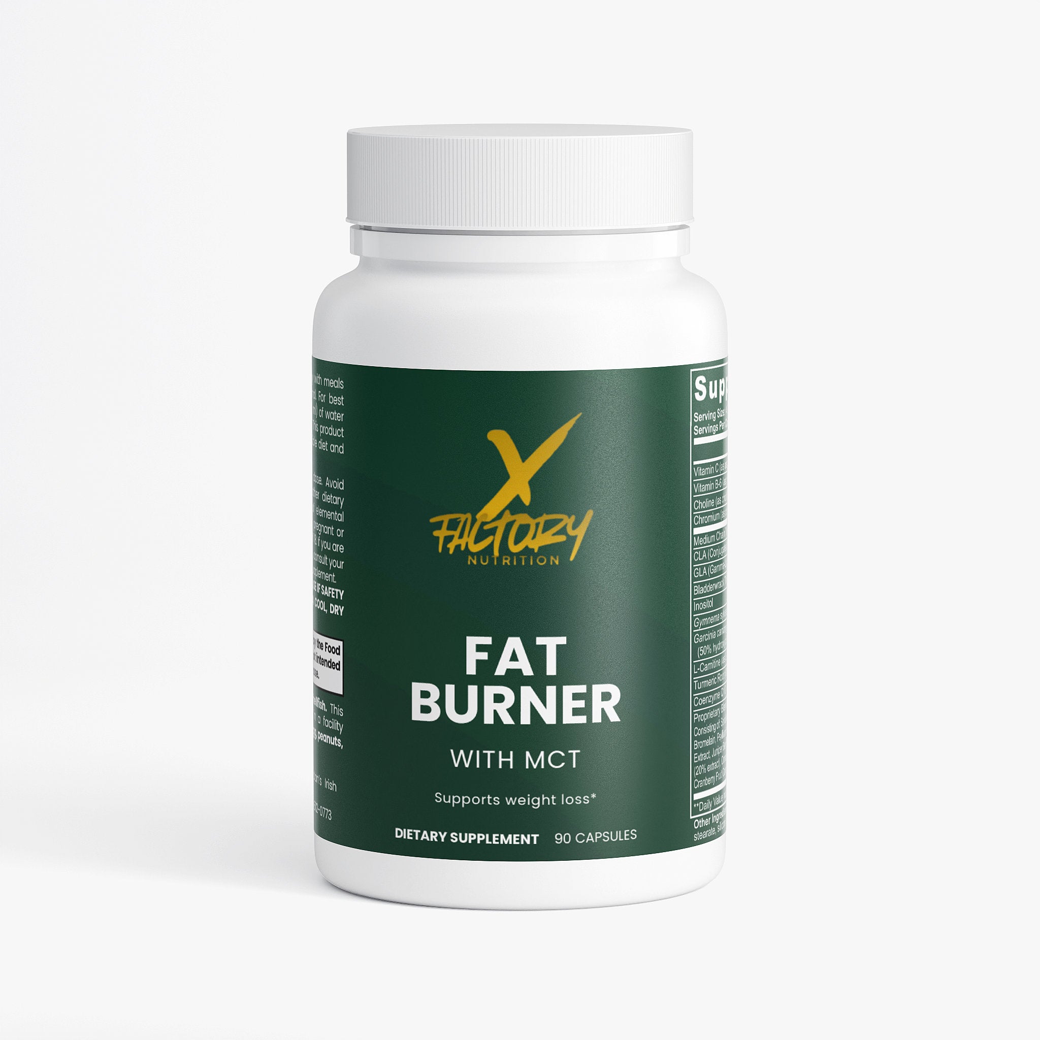 Fat Burner with MCT, Vitamin C, Vitamin B6, Choline, Chromium and L-Carnitine for metabolic performance and weight loss.