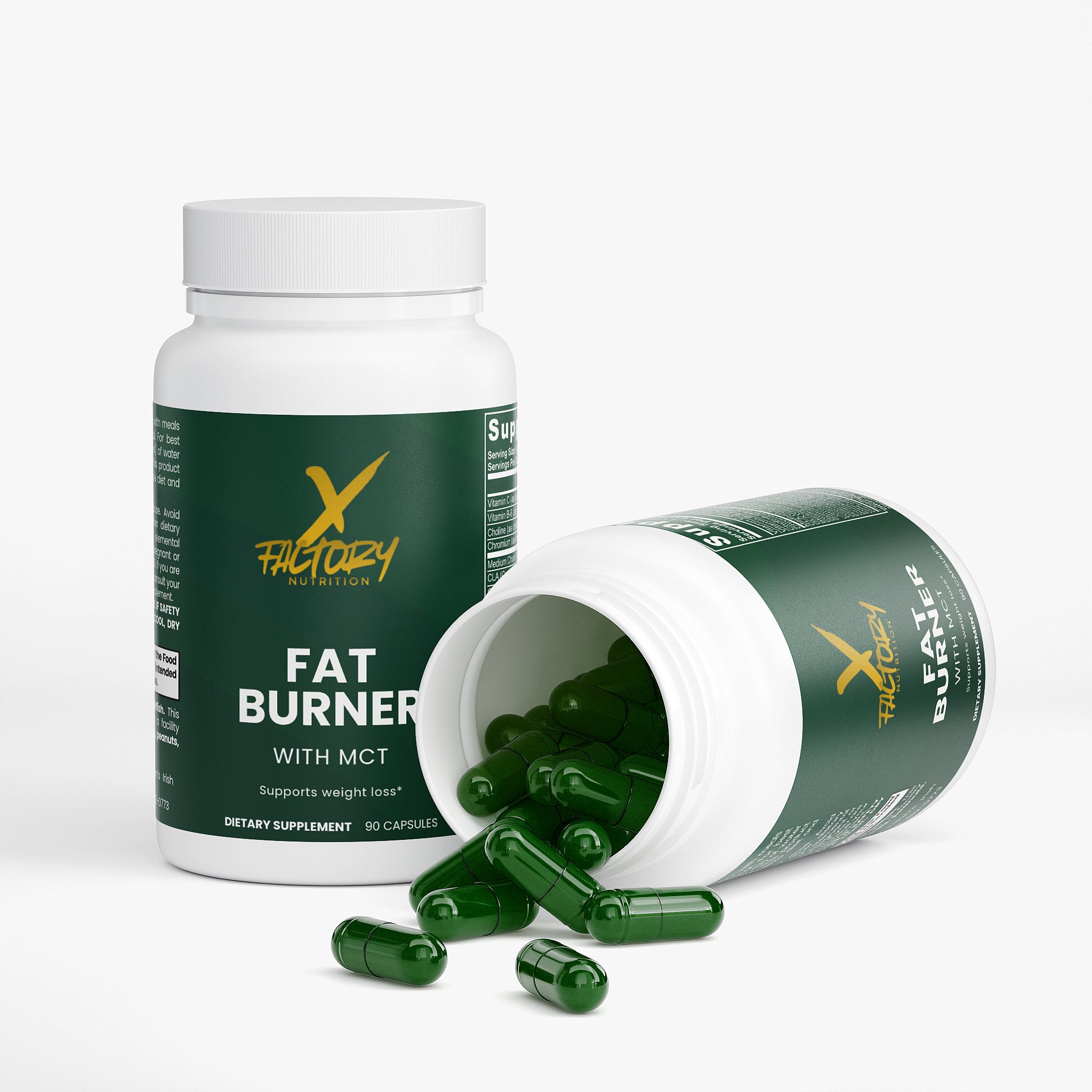 Fat Burner with MCT, Vitamin C, Vitamin B6, Choline, Chromium and L-Carnitine for metabolic performance and weight loss.