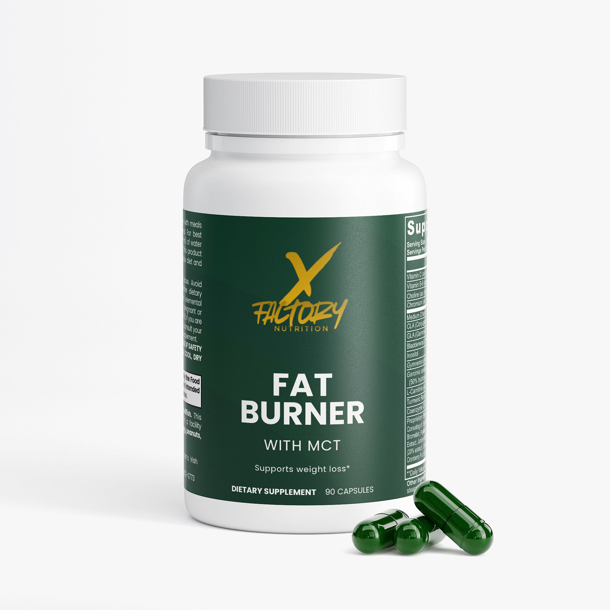 Fat Burner with MCT, Vitamin C, Vitamin B6, Choline, Chromium and L-Carnitine for metabolic performance and weight loss.