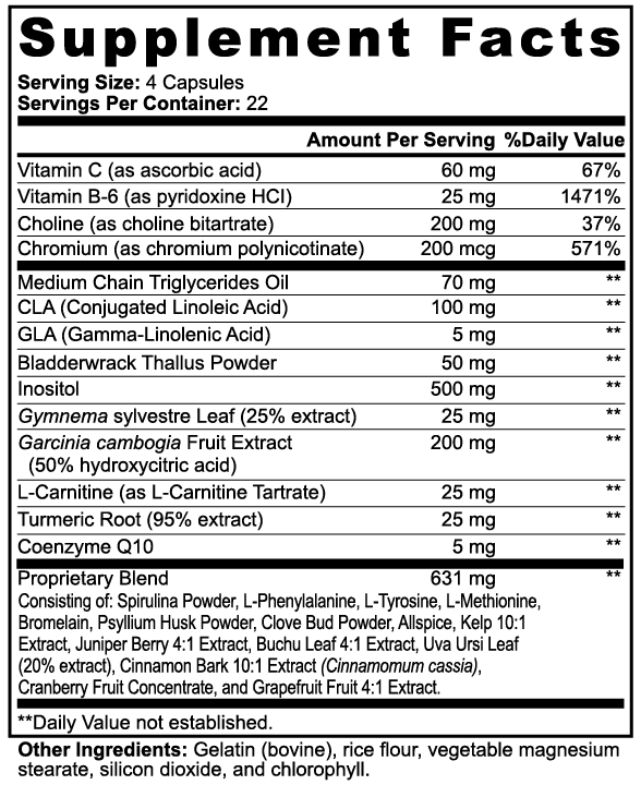 Fat Burner with MCT, Vitamin C, Vitamin B6, Choline, Chromium and L-Carnitine for metabolic performance and weight loss.