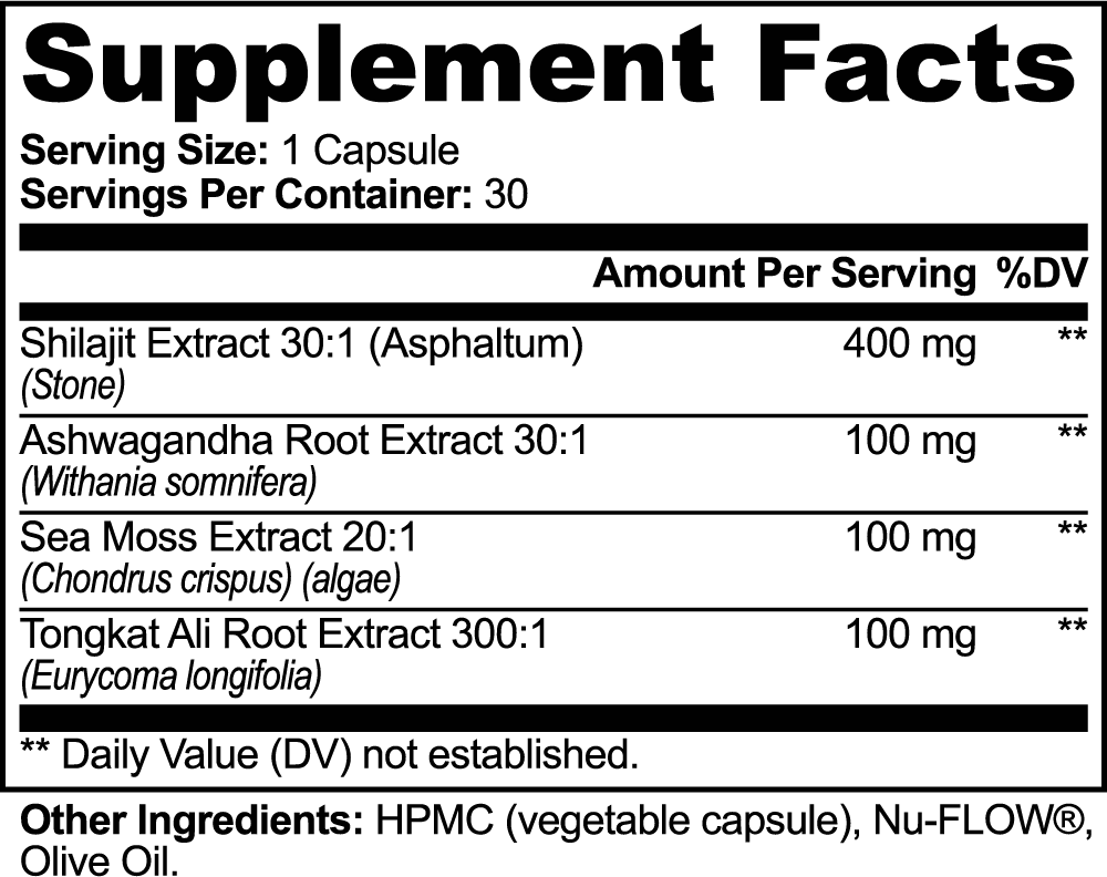 Shilajit Adaptogen Complex With Sea Moss, Ashwaghanda and Tongkat Ali To Boost Consistent Energy, Physical Performance, Drive, Endurance, Vitality and Mental Clarity