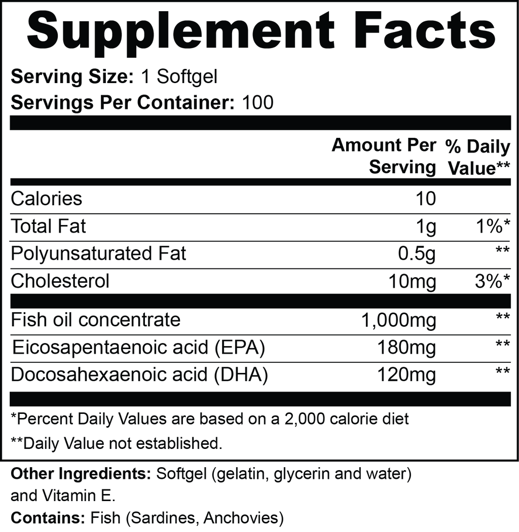 Omega-3 EPA 180mg + DHA 120mg Softgels To Support Normal Cholesterol, Triglyceride Metabolism and Support Brain Function and Vision
