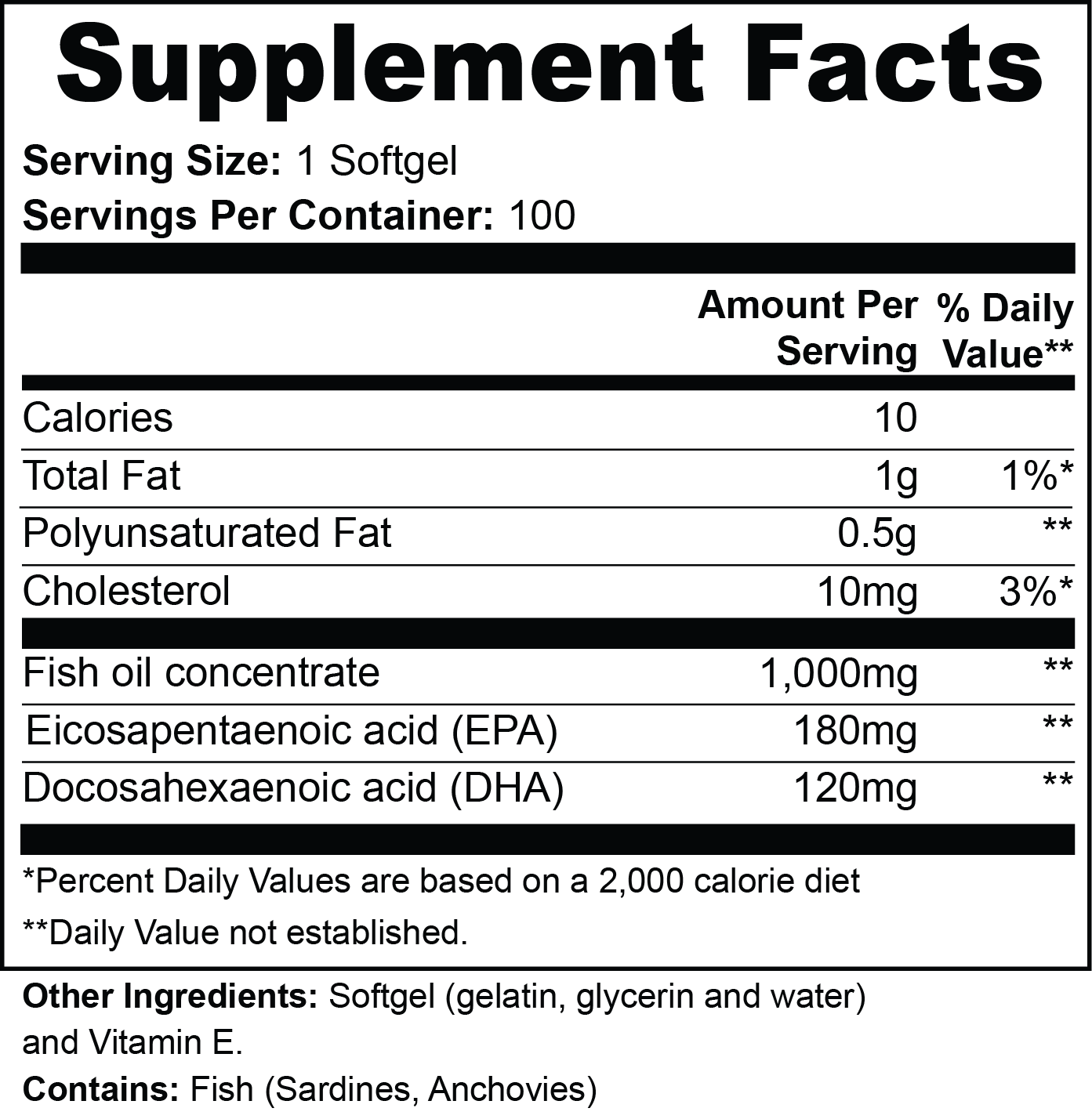 Omega-3 EPA 180mg + DHA 120mg Softgels To Support Normal Cholesterol, Triglyceride Metabolism and Support Brain Function and Vision